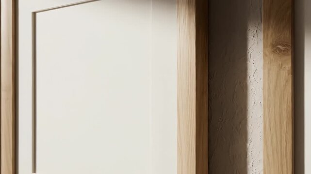 Empty Wooden Picture Frames on Gray Wall - Close-up view of three empty light wooden picture frames mounted on a light gray textured wall.