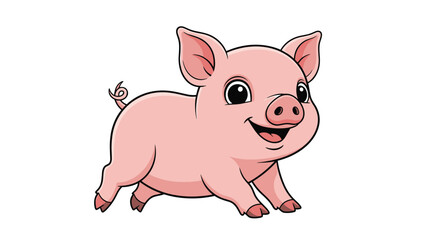 Fototapeta premium Happy little pink piglet running joyfully on white background with a smiling expression and curly tail behind him.