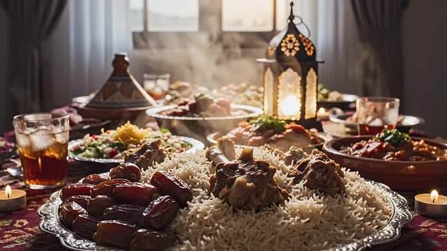 Ramadan Iftar Feast - A beautifully arranged table showcasing a traditional Iftar meal. The spread includes dates, rice with meat, various soups, and salads, accompanied by candles and a decorative