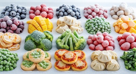Assortment of colorful frozen fruits and vegetables neatly arranged, showcasing healthy food options for modern life