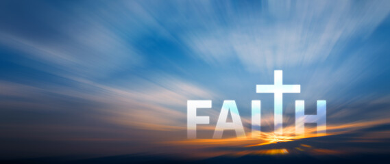 Fototapeta premium Faith and fear concept. words written with Clouds blue sky, Inspirational Christian message of hope and belief journey with the word faith. not ai