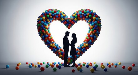 A couple standing together surrounded by a heart made of colorful balloons.