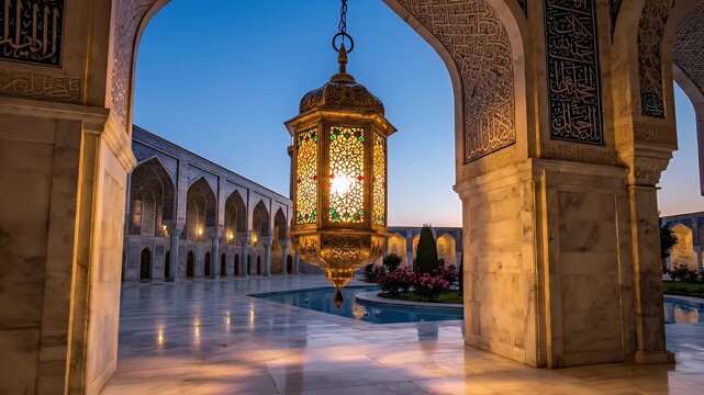 Glowing Lantern in Mosque Courtyard - A traditional lantern glows warmly within a mosque courtyard, showcasing intricate Islamic architecture and serene ambiance.