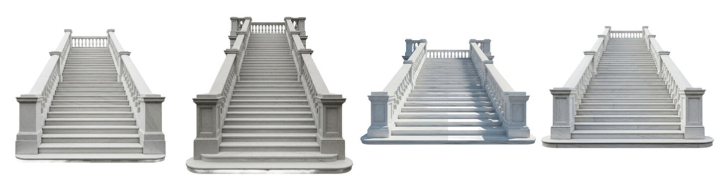 Set of grand stone staircases with classic balustrades and railings isolated on white background, architectural stairs design element