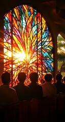 Sunlight streams through a vibrant stained-glass window illuminating a congregation of adult people during Palm Sunday service