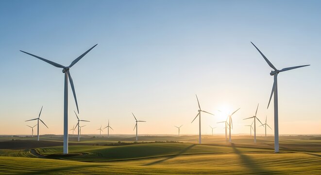 Renewable energy wind turbines on green hills at sunset