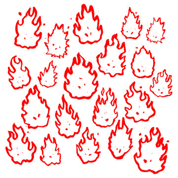 Red fire flame doodle pattern set. Hand drawn burning elements and small fire sparks for spicy food branding, hot sauce labels, and creative graphic design.