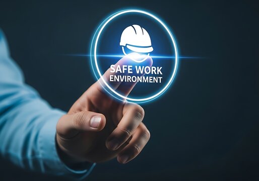 A hand holding a virtual safety icon emphasizing a safe work environment