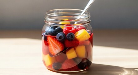 Fresh Summer Fruit Salad in Jar with Spoon, Healthy Breakfast, Vibrant Colors, Natural Light perfect for National Fruit Compote Day