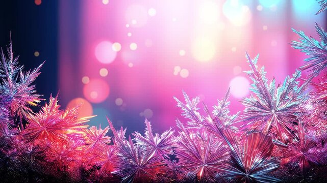 Ice frost growing on window glass, abstract crystals, pink and blue colors, festive bokeh background