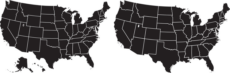Black silhouette map of the United States with state borders, detailed and clear graphic.