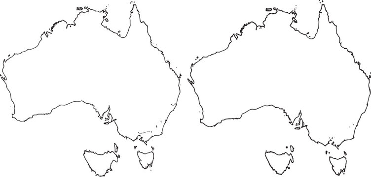 Outline map illustrations of Australia and Tasmania, simple black and white drawing.