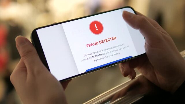 ealistic scenario of digital bank fraud: from receiving a scam link to a sudden balance drop and security lock. High-commercial value for bank security ads, fraud prevention training, and tech news