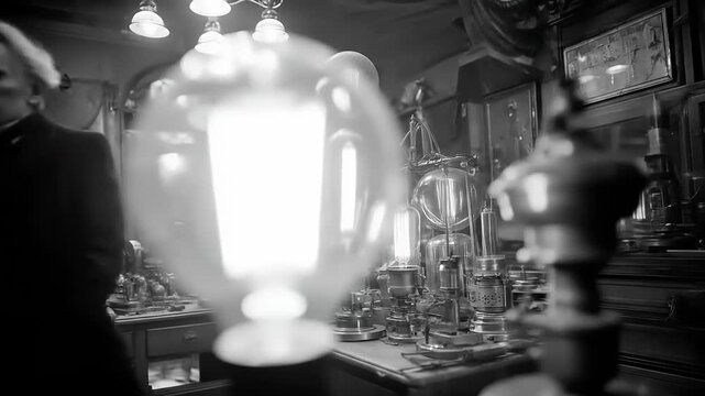 Victorian Inventor in His Laboratory Surrounded by Early Electrical Devices.