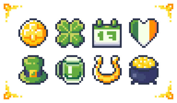 A set of pixel art St. Patrick's Day icons: clover, hat, beer, pot of gold, and horseshoe. Ideal for holiday game events, RPG inventory, and UI assets.