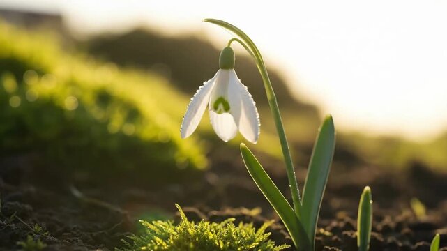 Delicate dewdrop covered snowdrop stands illuminated by glowing morning light, symbolizing new spring growth outdoors