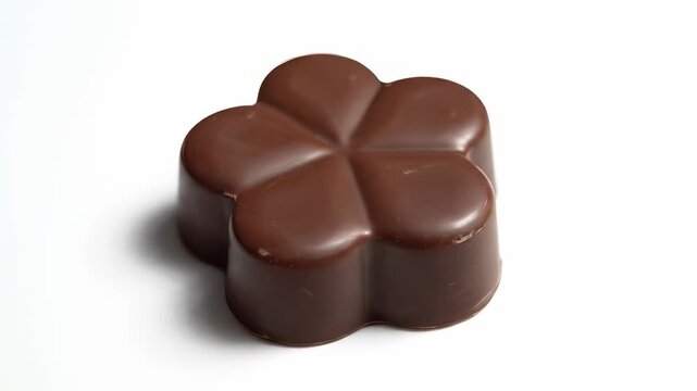 The image shows a chocolate piece shaped like a flower. This chocolate flower has a smooth surface and is a rich brown color.