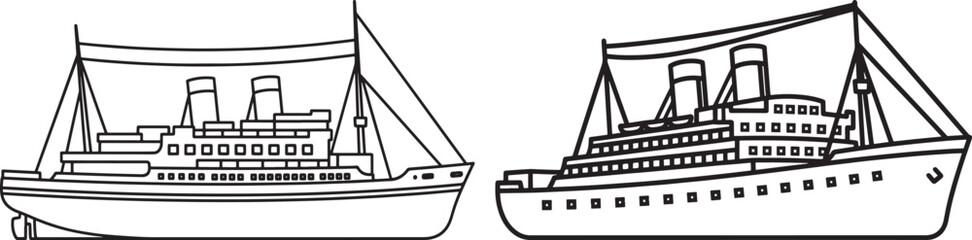 Obraz premium Simple line art illustration of two passenger cruise ships sailing, isolated on a white background, symbolizing travel and adventure.