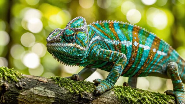 A colorful chameleon rests on a branch in a lush, green environment. The vibrant chameleon displays striking blue and green patterns against the natural backdrop.