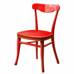 A bright red wooden chair with a simple design is isolated on a white background