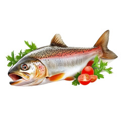 Fresh, raw trout with vibrant red cherry tomatoes and parsley, ideal for culinary or healthy eating concepts