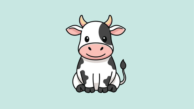 Cute black and white spotted cartoon cow sits with a friendly smile against a pale blue background.