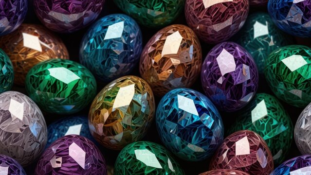 Polished Oval Gemstone Eggs with Sharp Facets and Jewel Tone Reflections Background