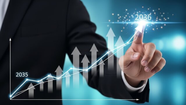 Person's finger points to a bright digital graph depicting significant financial growth from 2035 to 2036.
