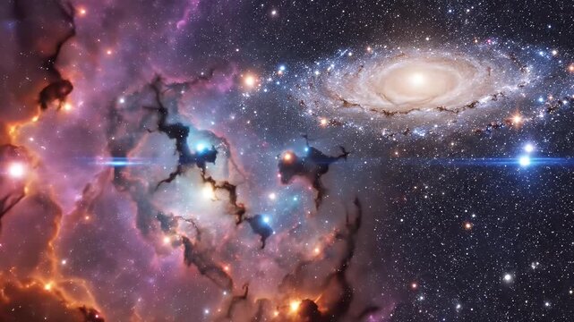 Vibrant Cosmic Nebula and Galaxy Scene - This video showcases a captivating cosmic scene featuring a vibrant nebula with swirling colors and bright stars interspersed throughout.