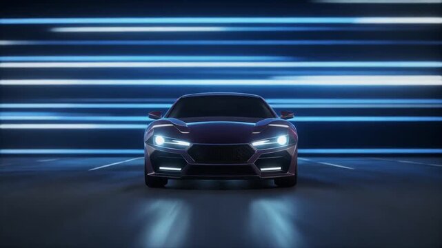 Sleek modern sports car driving through neon light tunnel, futuristic blue lighting, motion blur, cinematic perspective, high-tech automotive concept, realistic 3D render, dynamic, dramatic, night sce
