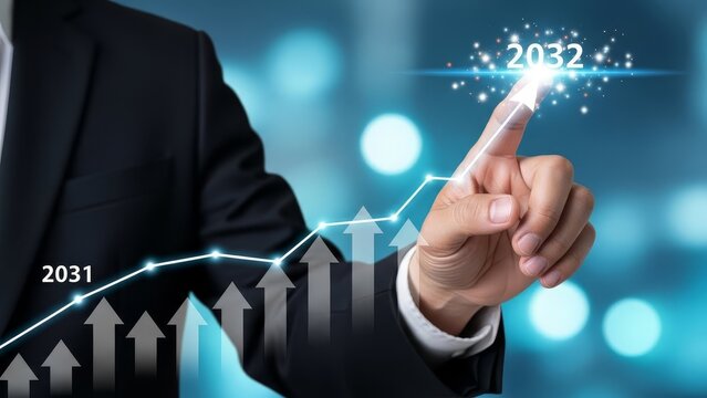 Businessman's finger points to the future year 2032 on a glowing upward trend graph.