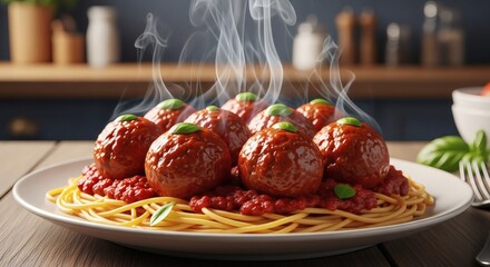 Homemade Italian meatballs with rich tomato sauce on spaghetti garnished with basil on wooden table top view perfect for National Meatball Day
