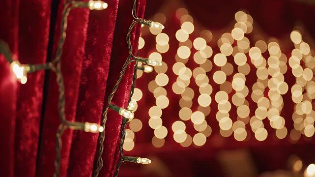 Festive String Lights on Red Velvet Curtains - Warm string lights illuminate luxurious red velvet curtains, creating a festive and inviting atmosphere.