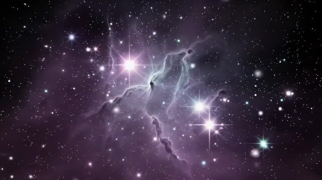 A hyper-realistic video of a vast cosmic nebula with swirling iridescent pink, deep purple, teal gas, billions of stars, deep focus, dolly out and pan. Tranquil cosmic tapestry