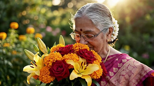 Woman Smelling Flowers in Garden - An elderly woman with grey hair and glasses is smelling a vibrant bouquet of flowers, including roses, lilies, and marigolds, in a lush garden setting.