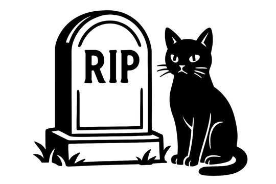 Black Cat Sitting Beside RIP Tombstone Vector Illustration. Haunted Halloween Graveyard Scene with Feline Silhouette. Dark Mystic Horror Graphic for Seasonal Holiday Design and Decor.