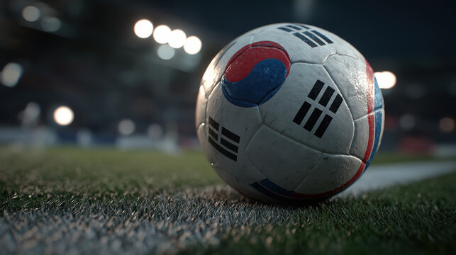 Close up of dirty soccer ball with South Korea flag Taegukgi texture on grass field at night stadium. Korean national football team, Asian cup or World Cup game concept