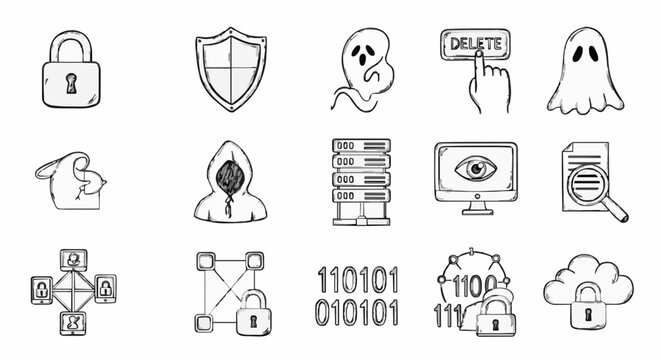 A set of cybersecurity icons in a flat line art style on a white background