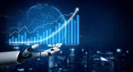 A robotic hand holds a financial growth chart surrounded by digital data elements, symbolizing innovation in technology and analytics for business. Impute