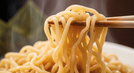 Fresh yellow egg noodles being lifted with chopsticks on rustic wooden table close-up food photography