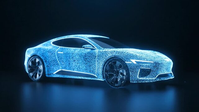 Particle animation forming an automobile. Car reveal from digital dust effect. Concept of modern vehicle technology and design.