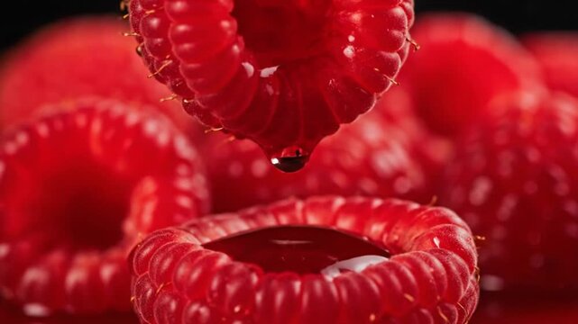 Red raspberry with juice dripping. Fresh berry in motion. Food and drink advertising concept. For healthy eating or dessert ingredient.