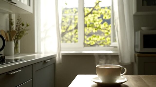Steaming cup on kitchen table near window with green tree view, curtains gently swaying, evoking morning beverage concept