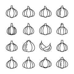 Garlic Icons Collection, Cloves and Bulbs, Outline Graphics, Food Vector
