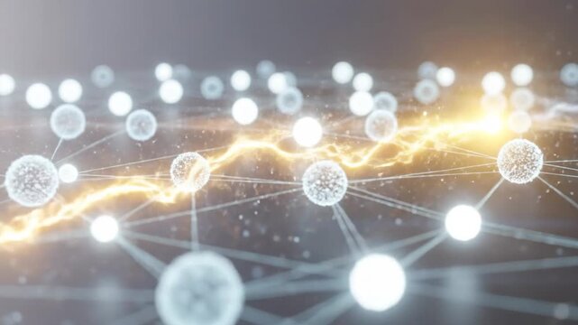 Abstract network of interconnected nodes with a bright, energetic lightning bolt passing through.