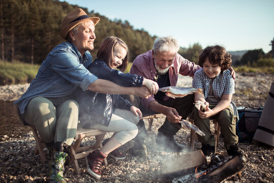 Grandparents and kids cooking freshly caught fish over a campfire by a lakeshore