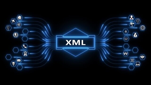 XML Concept with Icons and Network Connections on Dark Background Extensible Markup Language data for structured data exchange systems