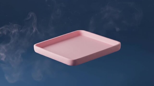 Modern minimalist empty pink rectangular tray suspended in mid-air with gentle smoke plumes, set against a deep blue backdrop for elegant product display.