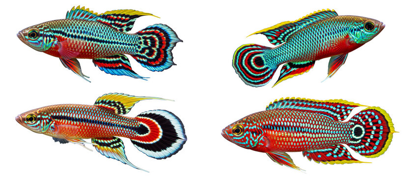 A vibrant collection of four colorful male Aphyosemion killifish isolated on a white background.
