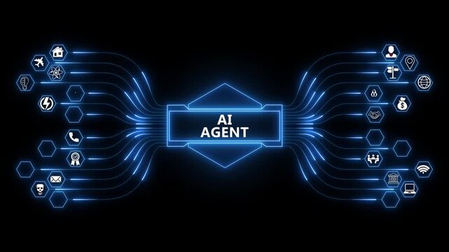 A futuristic ai agent is connected to various digital functions through a glowing green network, representing advanced technology and automation for intelligent enterprise systems